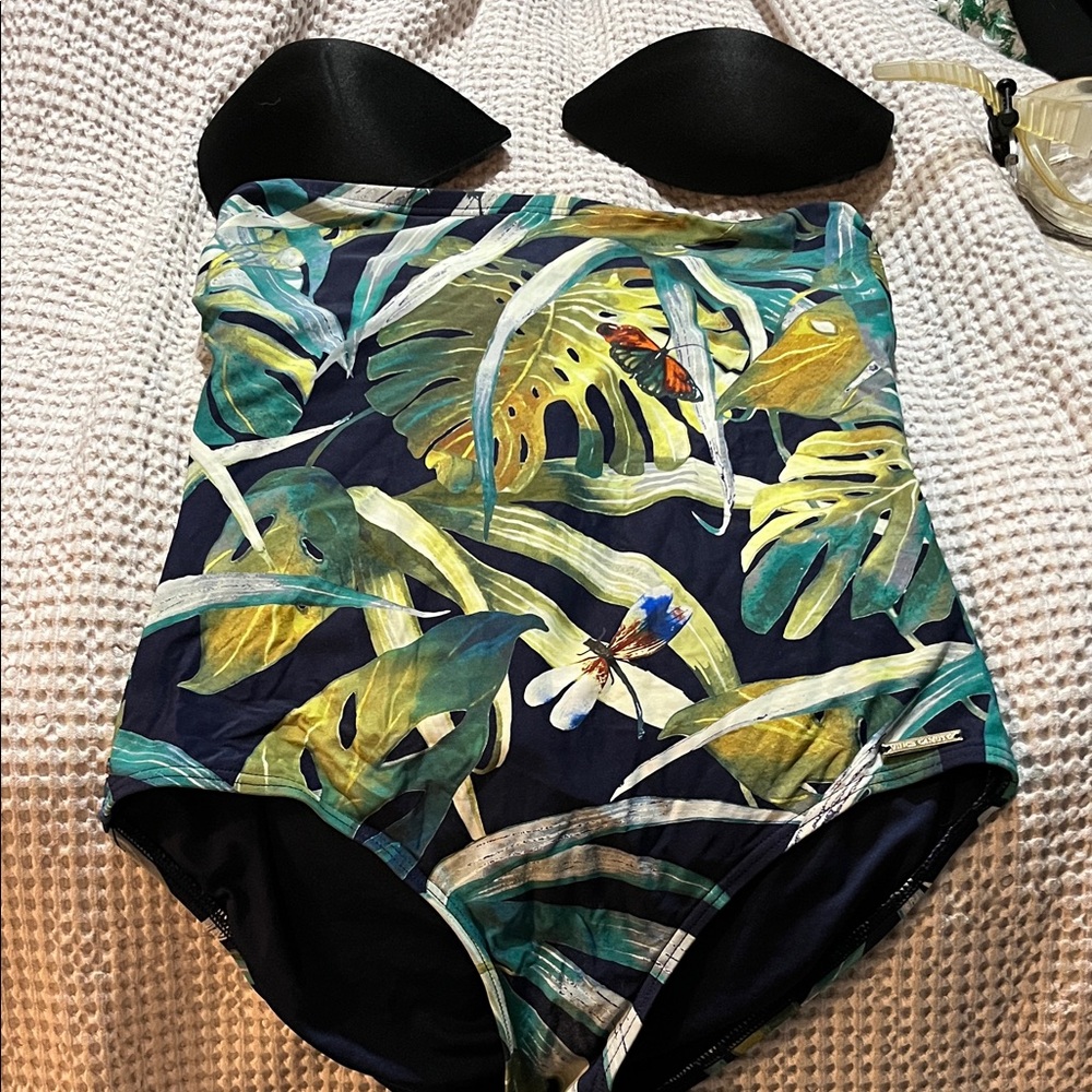 Tropical Leaf Print One-Piece Swimsuit - Navy & Green with removeable pads